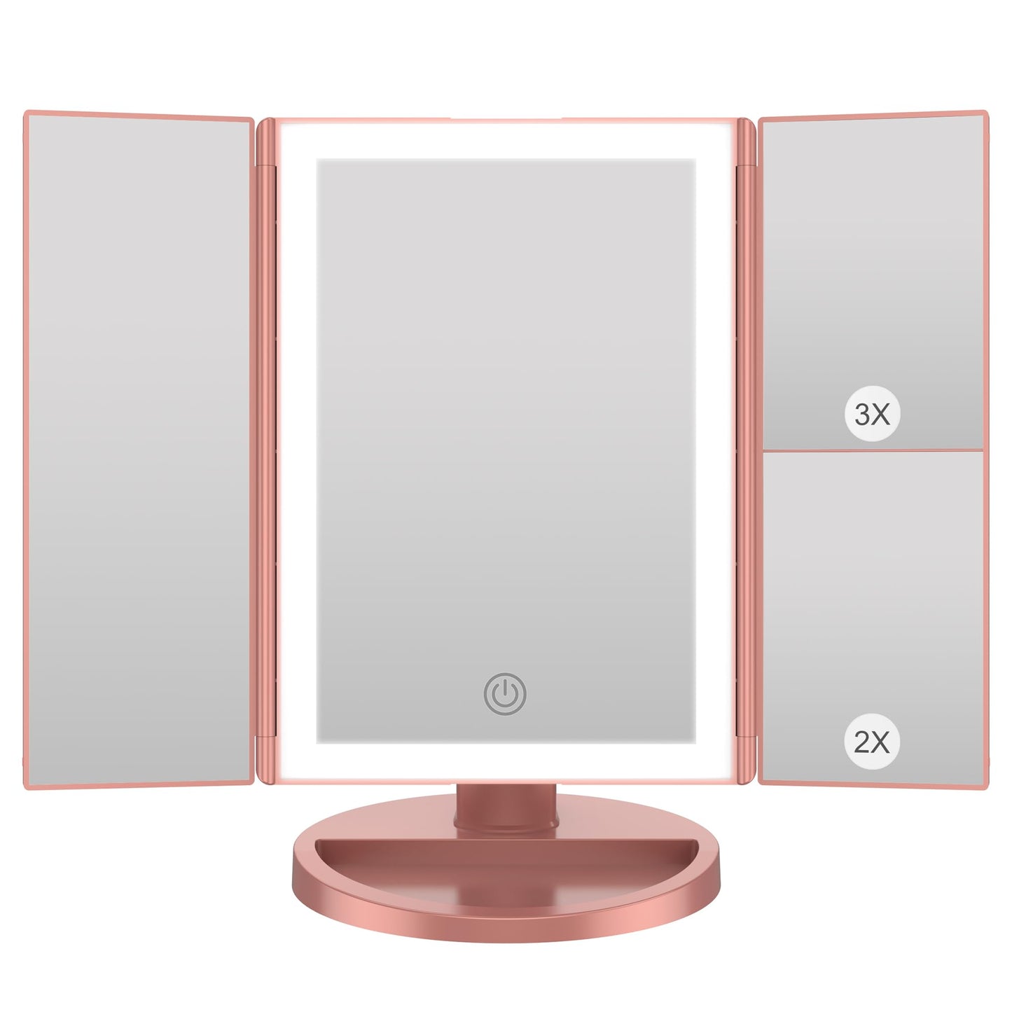 Dreifach gefalteter Kosmetikspiegel mit LED & Vergrösserung, Roségold