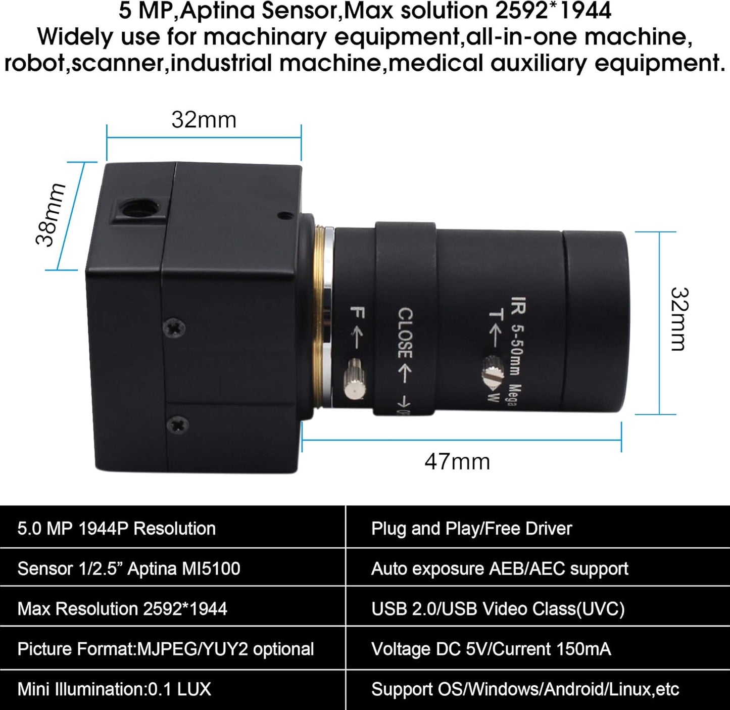 USB Kamera mit Zoom-Objektiv, 5MP Webcam
