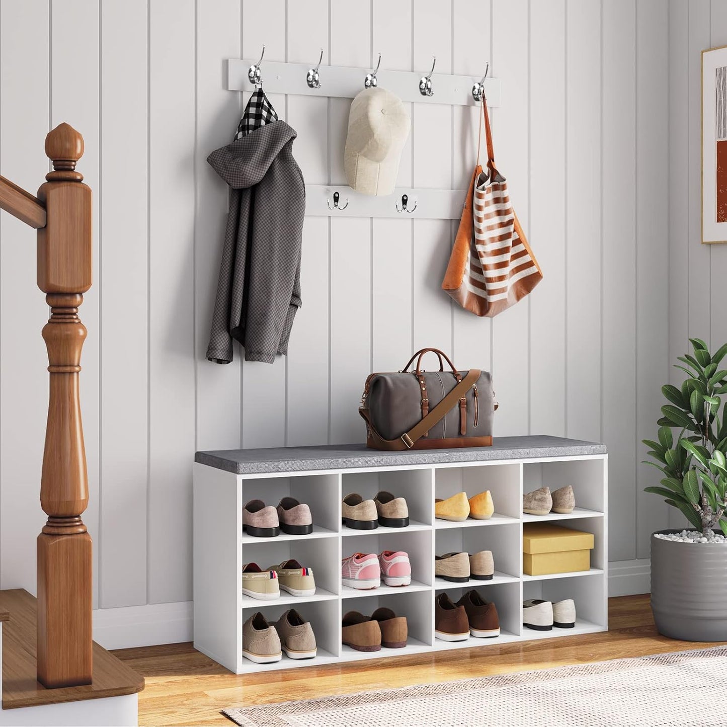 Garderobe-Schuhregal-Set mit Schuhbank und Hakenleiste, Weiss + Grau 100 x 30 x 48 cm (L x W x H)