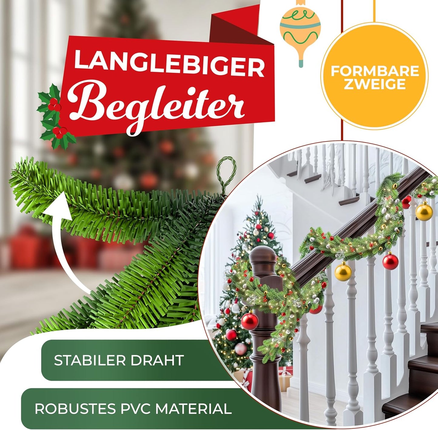 Weihnachtsgirlande mit 100 LED Lichtern & Timer, 5m / 100 LEDs Naturgrün + Deko