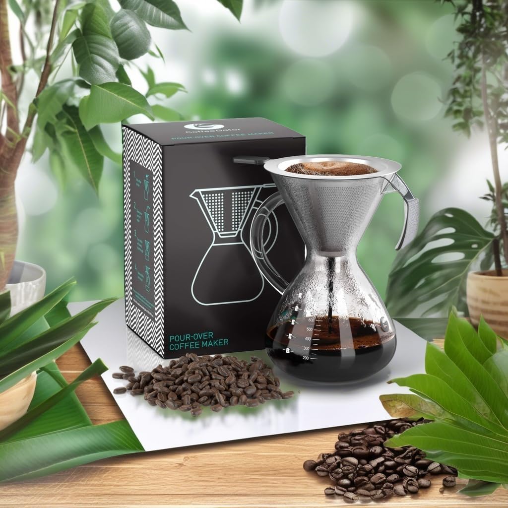 Pour Over Kaffeebrüher mit Edelstahlfilter, Transparent 800ml