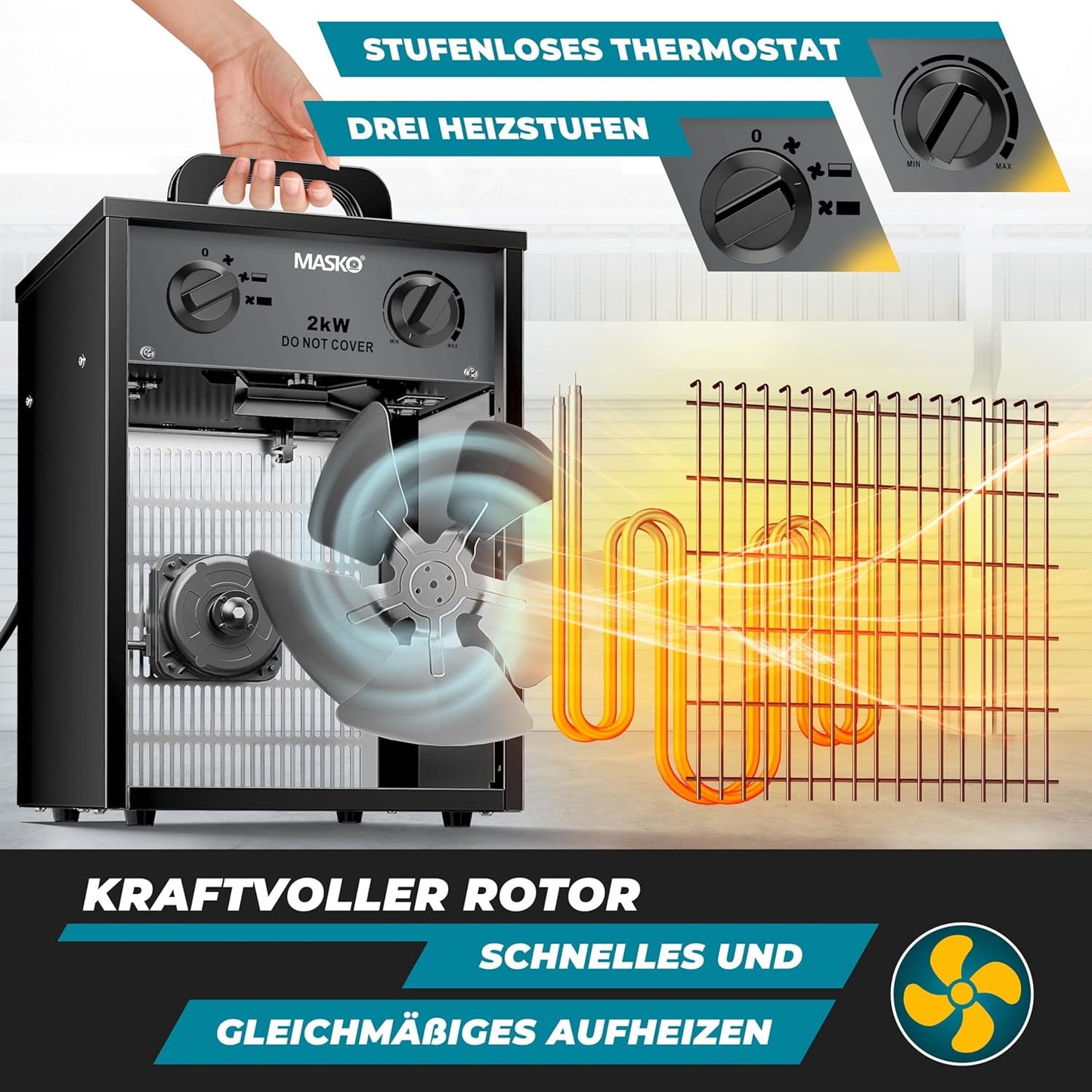 Bauheizer mit Thermostat, 2 KW - Eckig Anthrazit