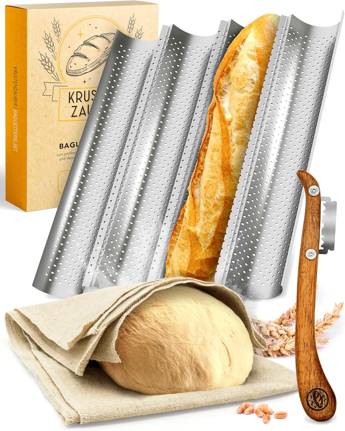 Baguettebackform Set mit Bäckerleinen & Messer, 4er Baguetteform