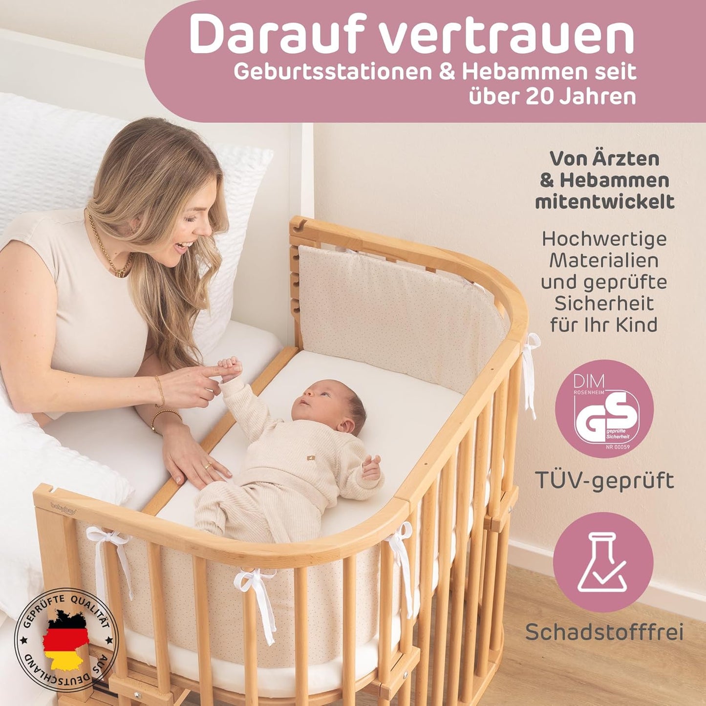 Maxi Comfort Plus Beistellbett, Natur Lackiert ; 96L x 56.5B x 79H cm ; Ohne Matratze