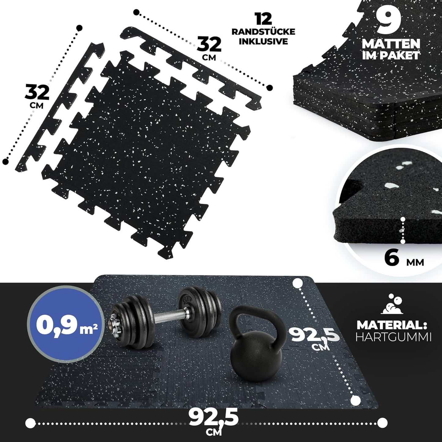Puzzlematte, 9x 30x30cm, 1) Schwarz | 9 Matten | 0,84 M², 30L x 30B x 0.6D cm
