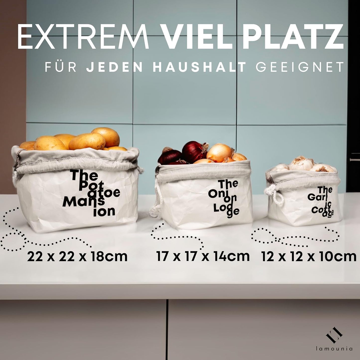 3er-Set Boho Säckchen zur Aufbewahrung von Kartoffeln, Zwiebeln & Knoblauch, Miami Weiss