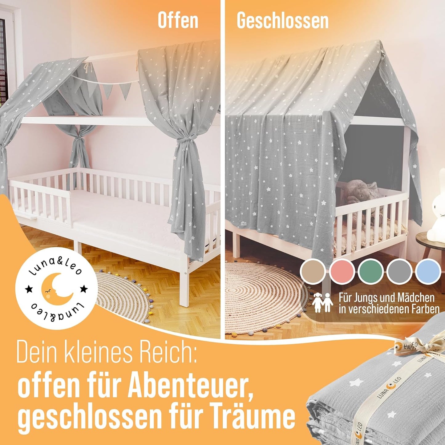 Hausbett Betthimmel-Set mit Sternendruck (3-tlg.), Hellgrau Sterne H320 x B130 cm (2er Set)