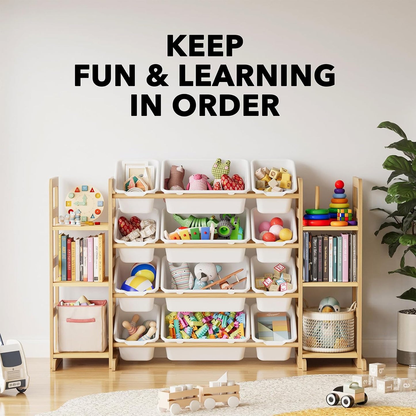 Spielzeug-Organizer mit 6 Regalen und 12 Behältern, Natur 132.8 CM, 6 Regalböden, 12 Boxen 1