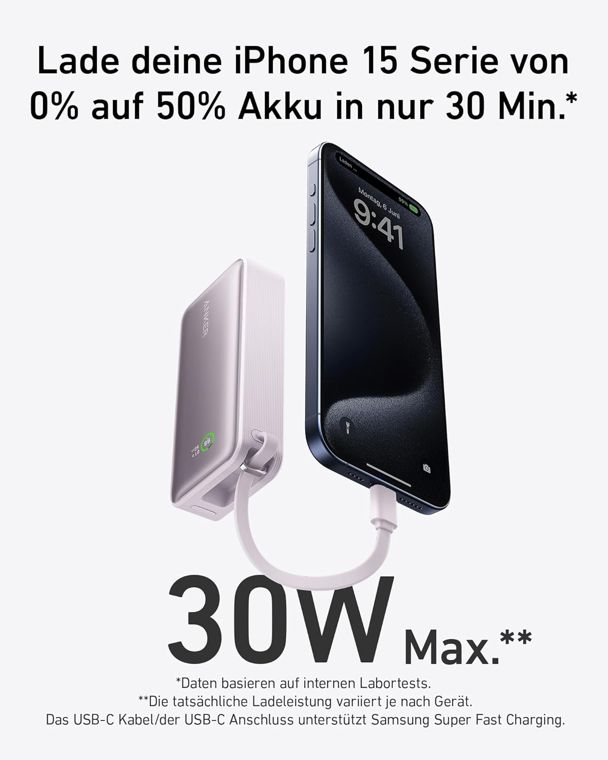 Nano Powerbank mit integriertem USB-C-Kabel, Flieder