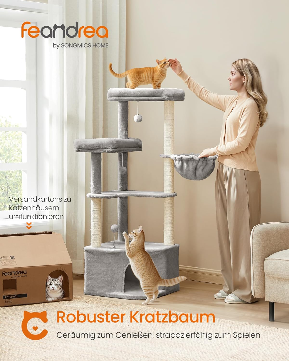 Katzenkratzbaum mit Kuschelhöhle und Plattformen, taubengrau