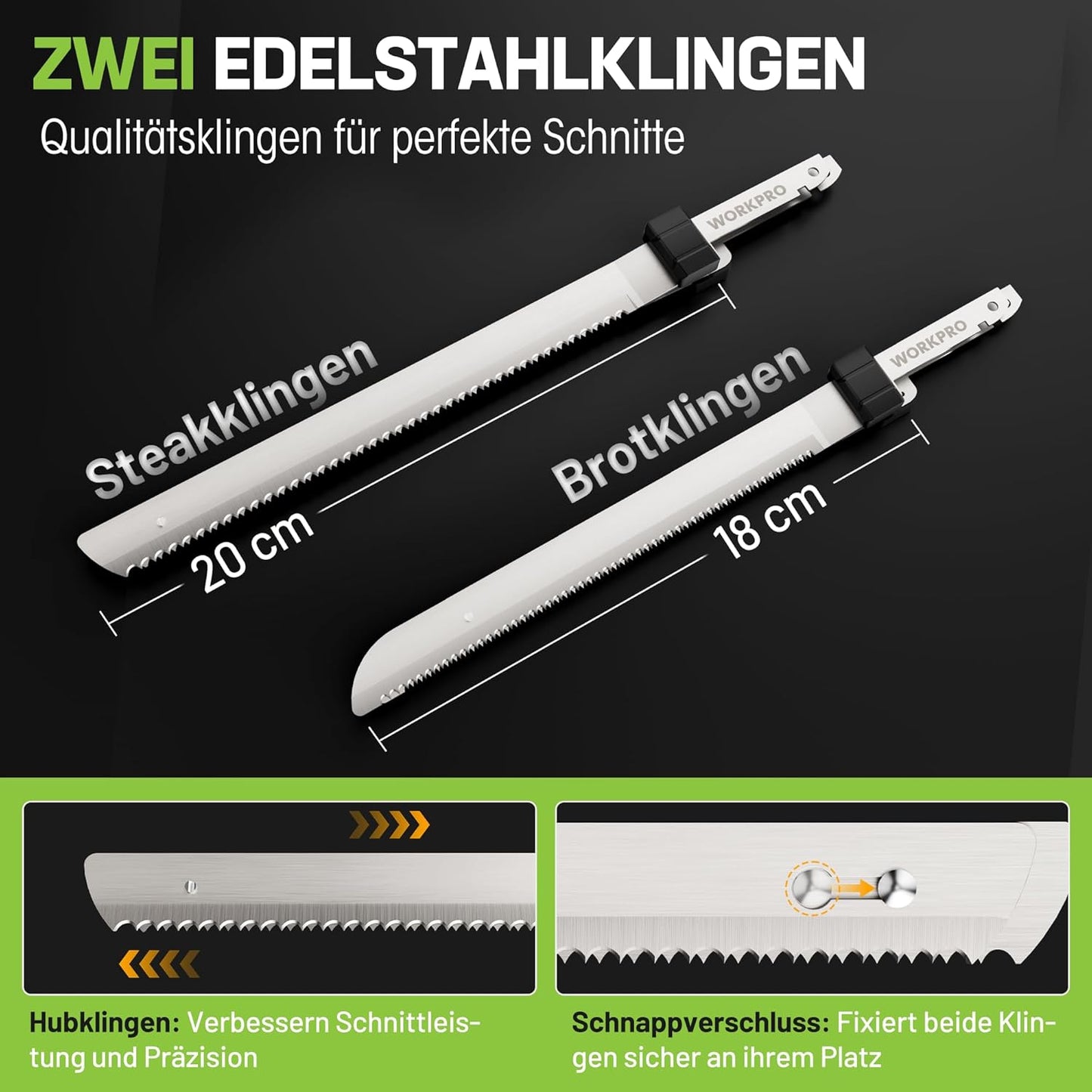 Elektromesser-Set mit 2 Klingen und Gabel, Schwarz