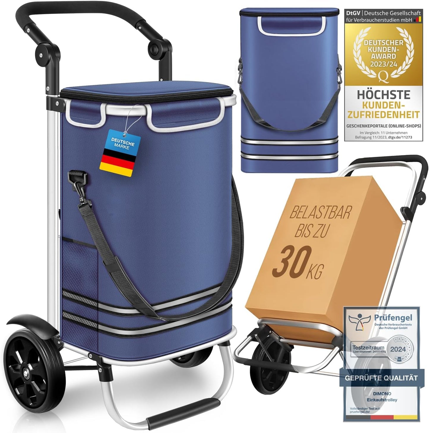 3-in-1 Einkaufstrolley Rolltex mit Kühlfach (56 L), Blau