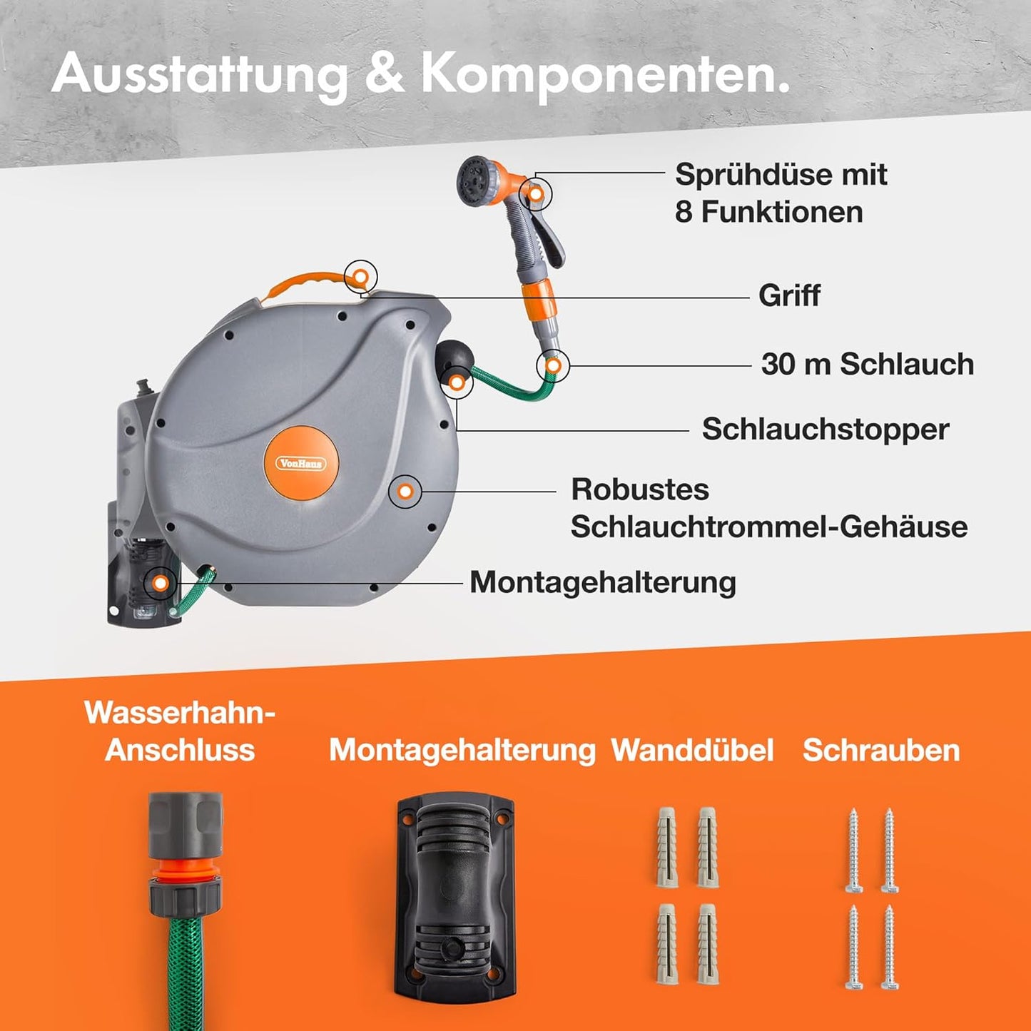 Schlauchtrommel mit Auto-Aufrollfunktion, 30 m