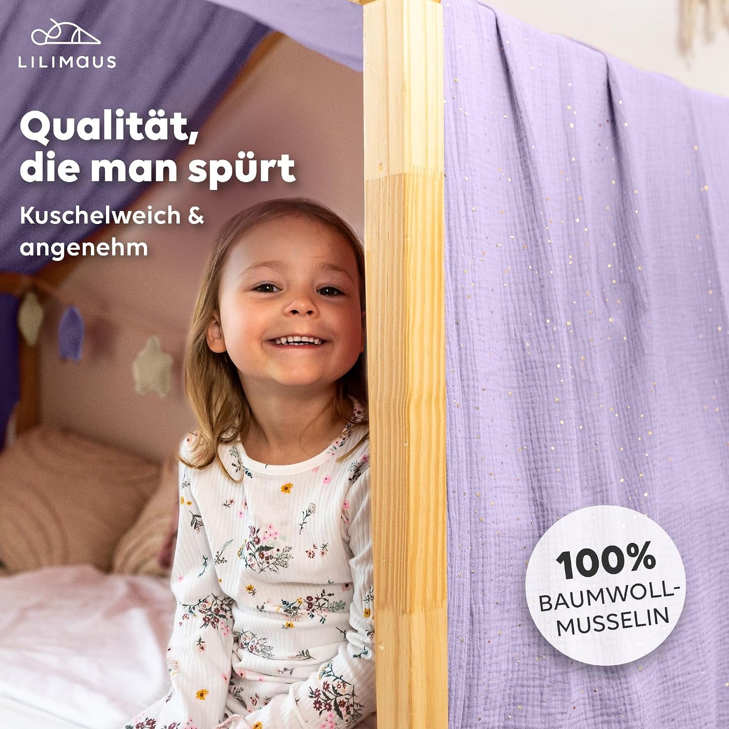 Hausbett Stoffhimmel, Flieder mit Gold 135 x 360cm