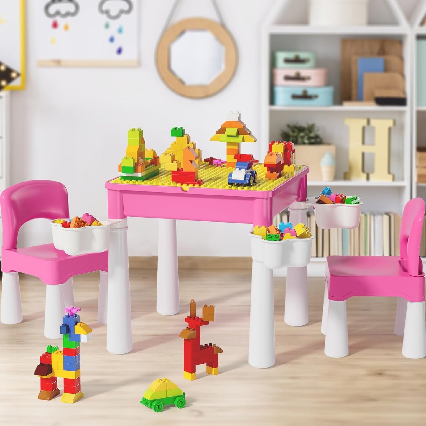 Kindertisch-Set mit Bausteinen, Rosa