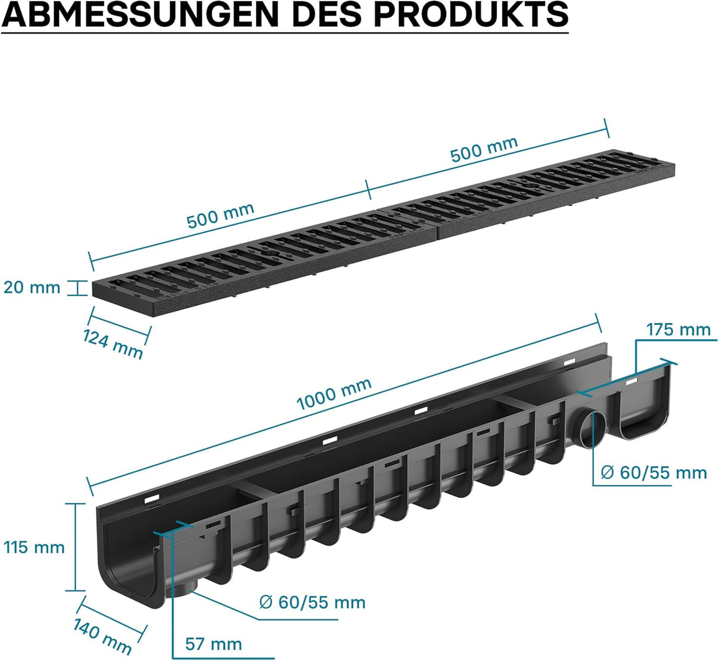 Entwässerungsrinne mit Abdeckrost, 1 m, 12,5 t, Gusseisen 1m, 12,5 t