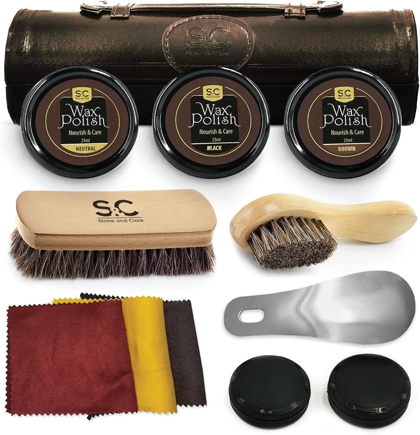 Schuhpflege-Set mit Rosshaarbürsten, Dunkelbraun-kit