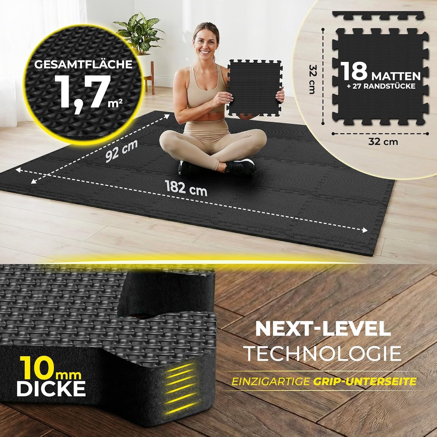 18-teiliges Bodenschutzmatten-Set für Fitness und Gymnastik, Anthracite | 1-side Antislipx | 18 Matten | 1,67 M² 32L x 32B x 1D cm