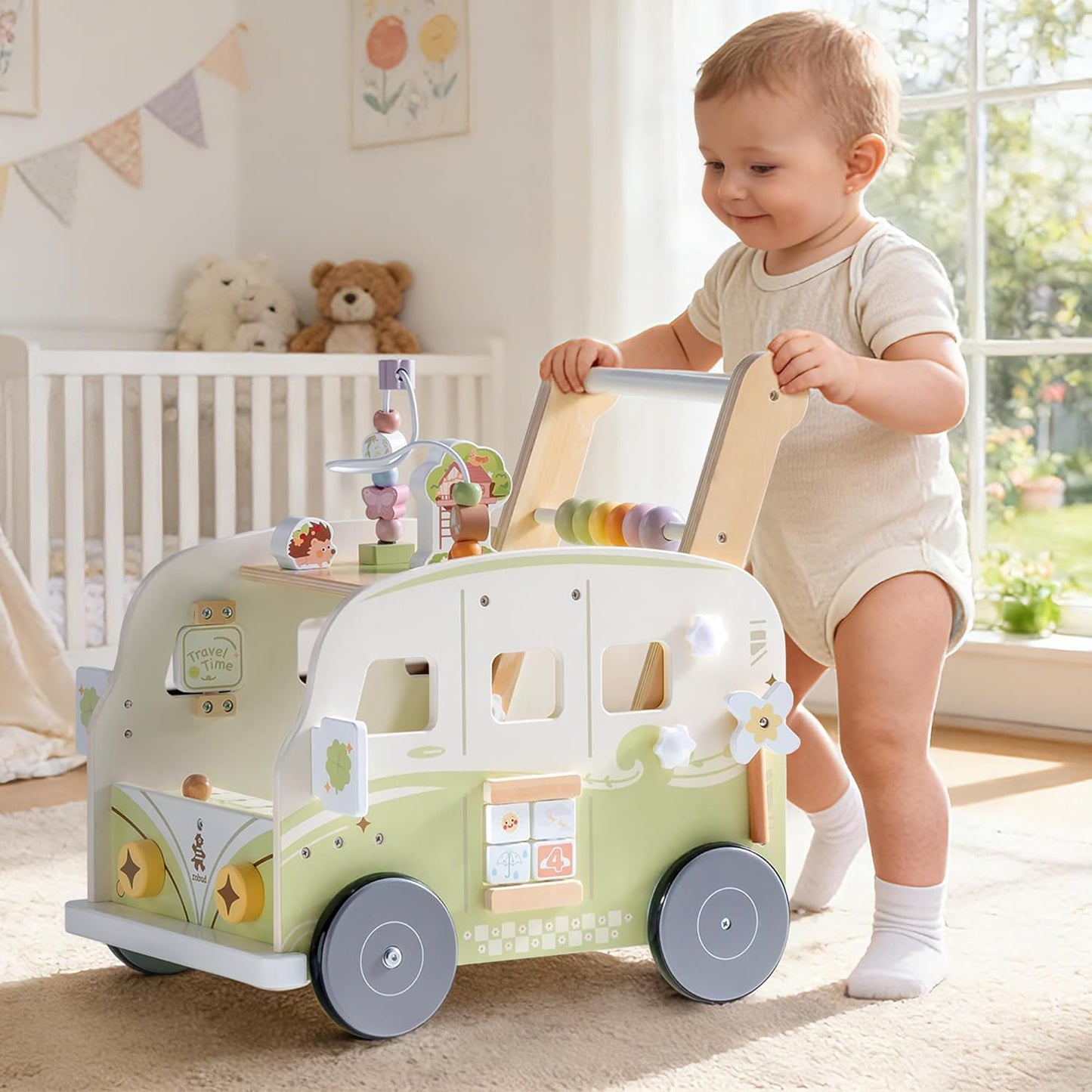 Einstellbarer Baby Lauflernwagen aus Holz, Grün