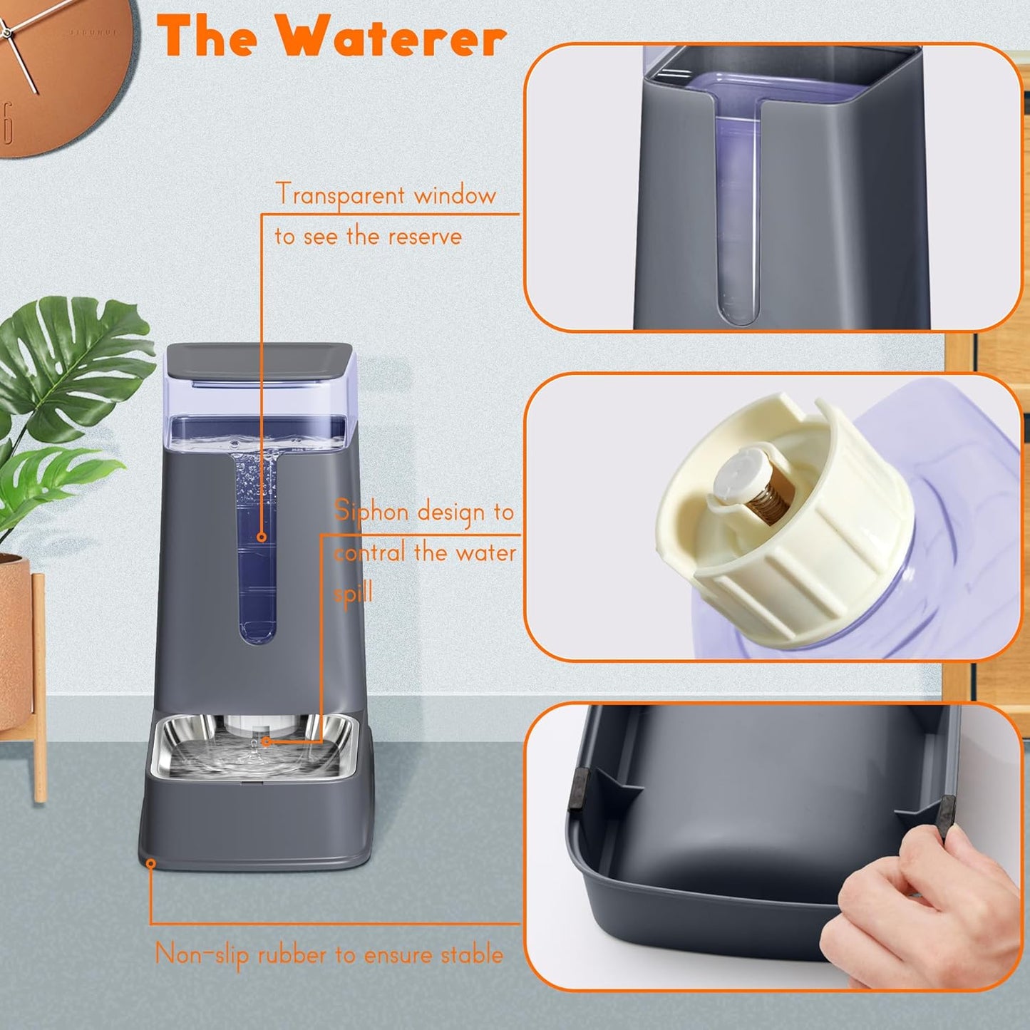 Futterspender und Wasserspender Set, gray stainless steel