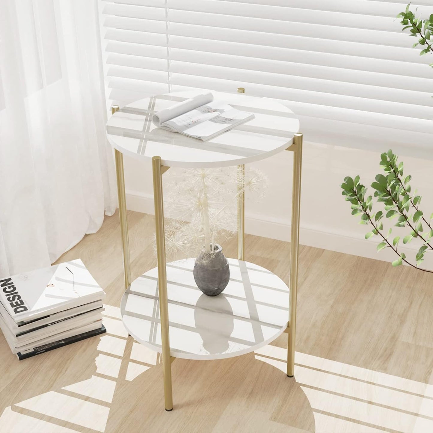 Runder Marmortisch mit 2 Ablagen, 40.5×40.5×55cm|Gold