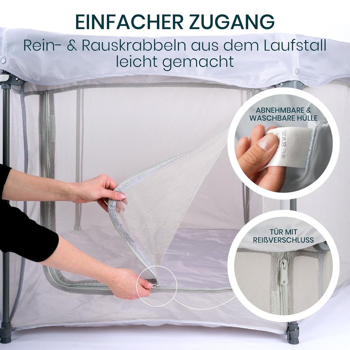 Faltbares Laufgitter für Babys mit Netz- und Reissverschlusstür, Silber