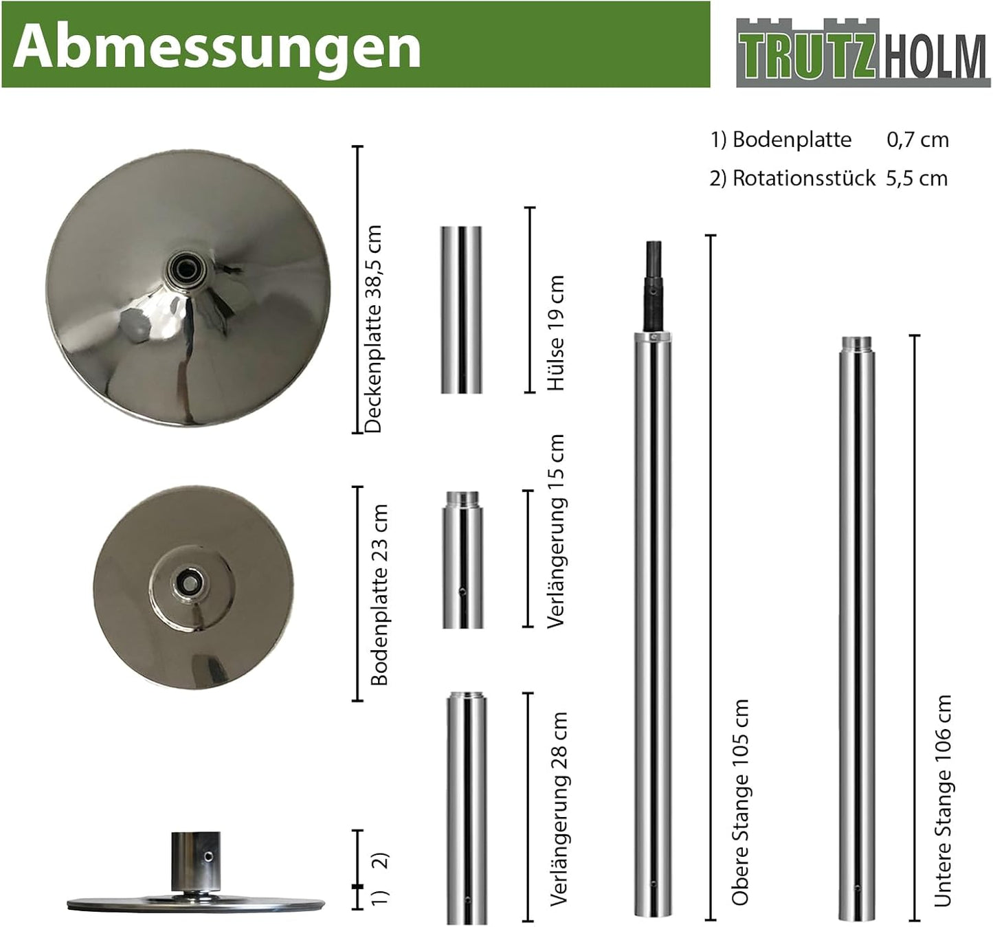 Pole Dance Stange, Static & Spinning (231-274 cm), Silber
