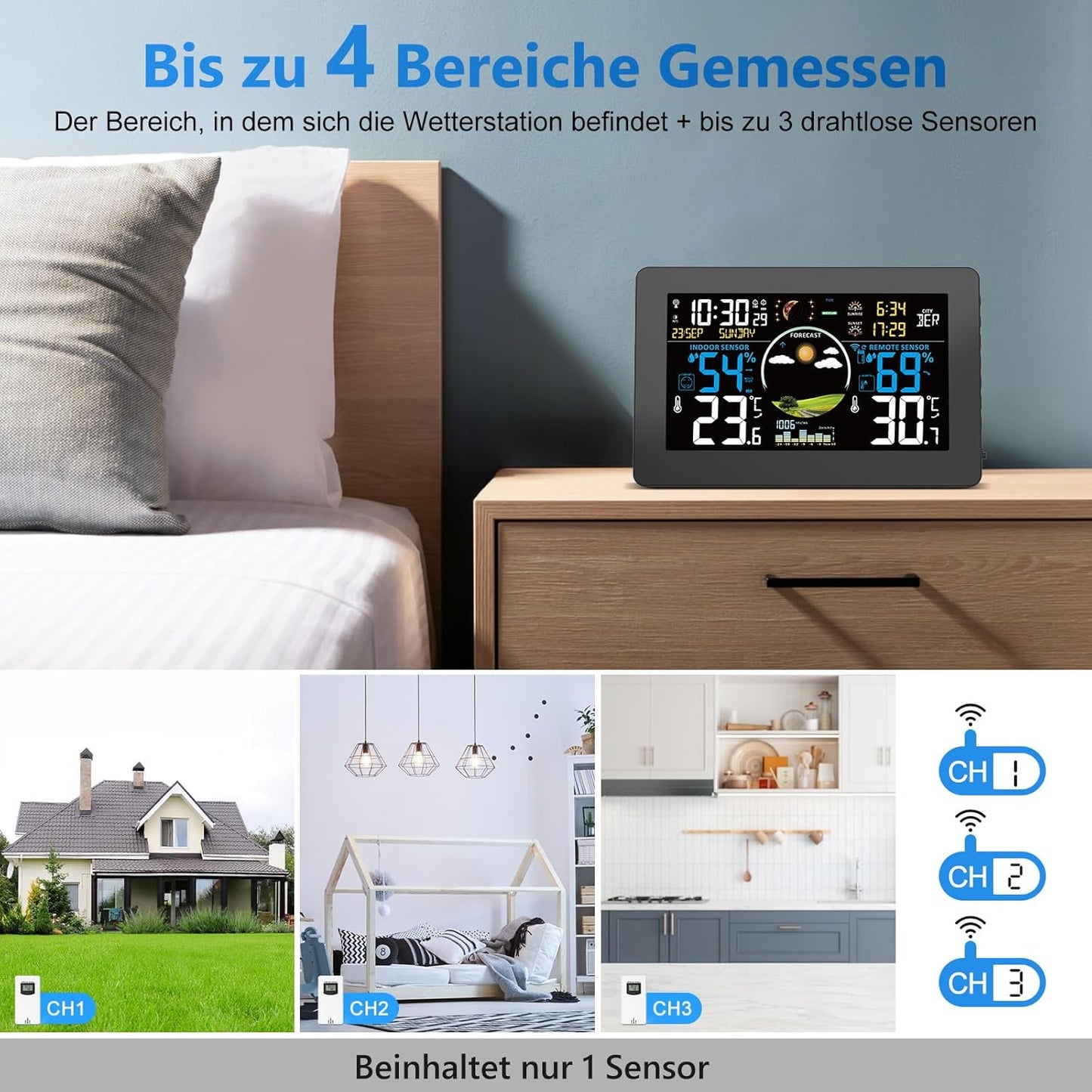 Wetterstation mit Aussensensor & Funkuhr, Schwarz