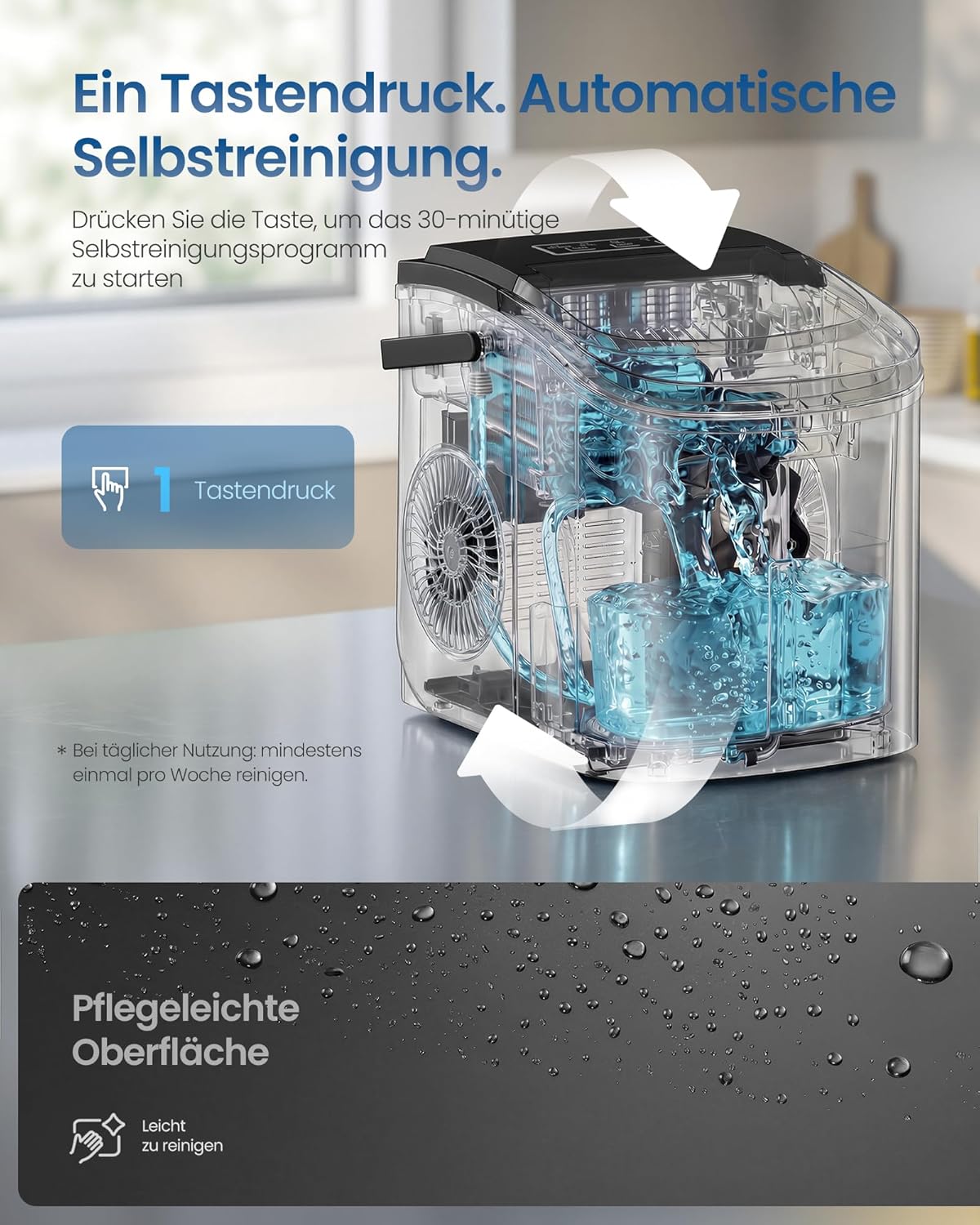 XZB001B1EU Eiswürfelmaschine mit Selbstreinigung, 9 Würfel in 6 Min., Tintenschwarz