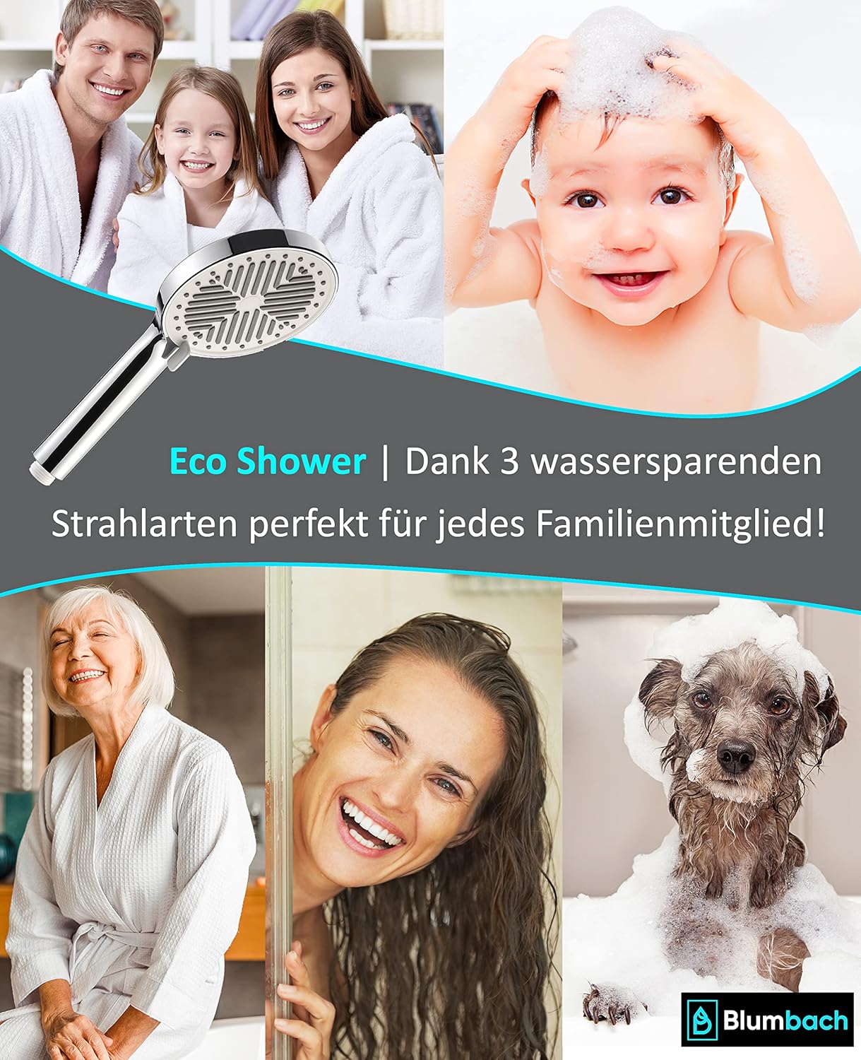 Wassersparender Duschkopf, 6L/Min. 3 Strahlarten / Sparduschkopf