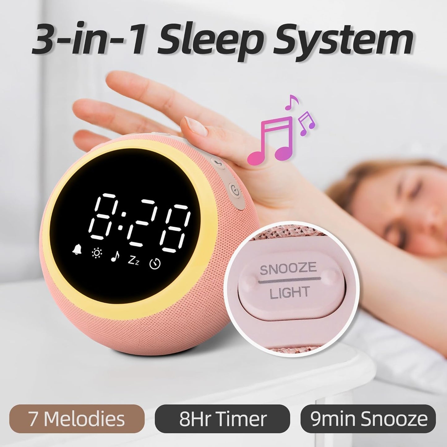Digitalwecker mit Entspannungstönen & Nachtlicht, 12CM Rosa