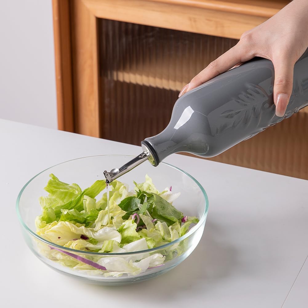 Keramische Olivenölspenderflasche 570ml, Grau Olivenblatt-Relief, 570 ml