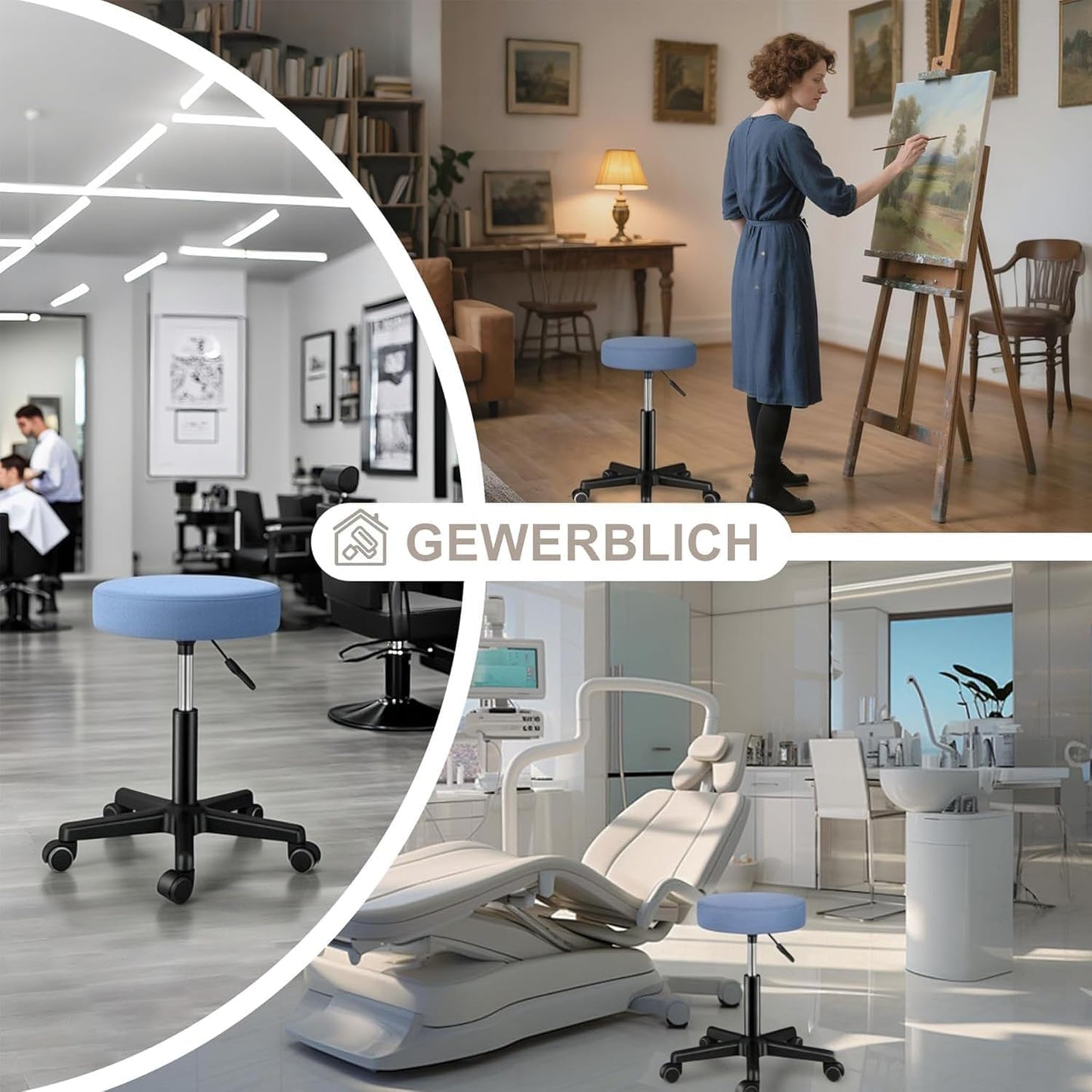 Höhenverstellbarer Rollhocker mit Gummirollen, 360° drehbar, Nordisches Blau