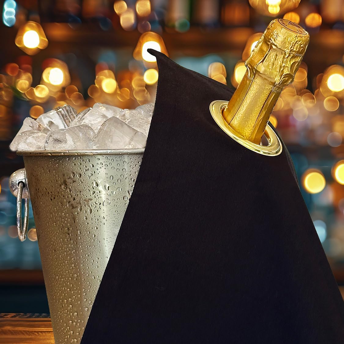 Flaschentuch CL-42 mit Metallring für Eiskübel, Schwarz mit Goldenem Metallring 1 Stück