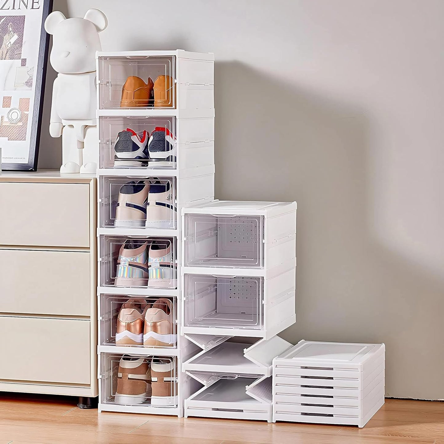 Faltbare Schuhboxen mit transparenten Türen, 3 Ebenen, Weiß - 3 Ebenen