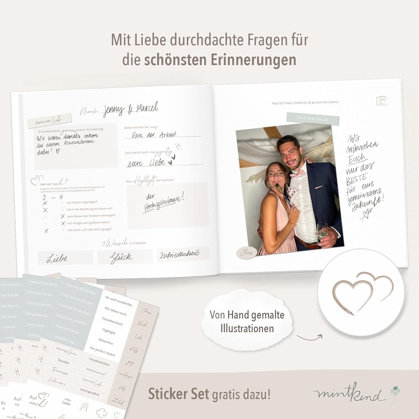 Hochzeit-Gästebuch mit Fragen (inkl. Sticker), Mit Fragen Beige