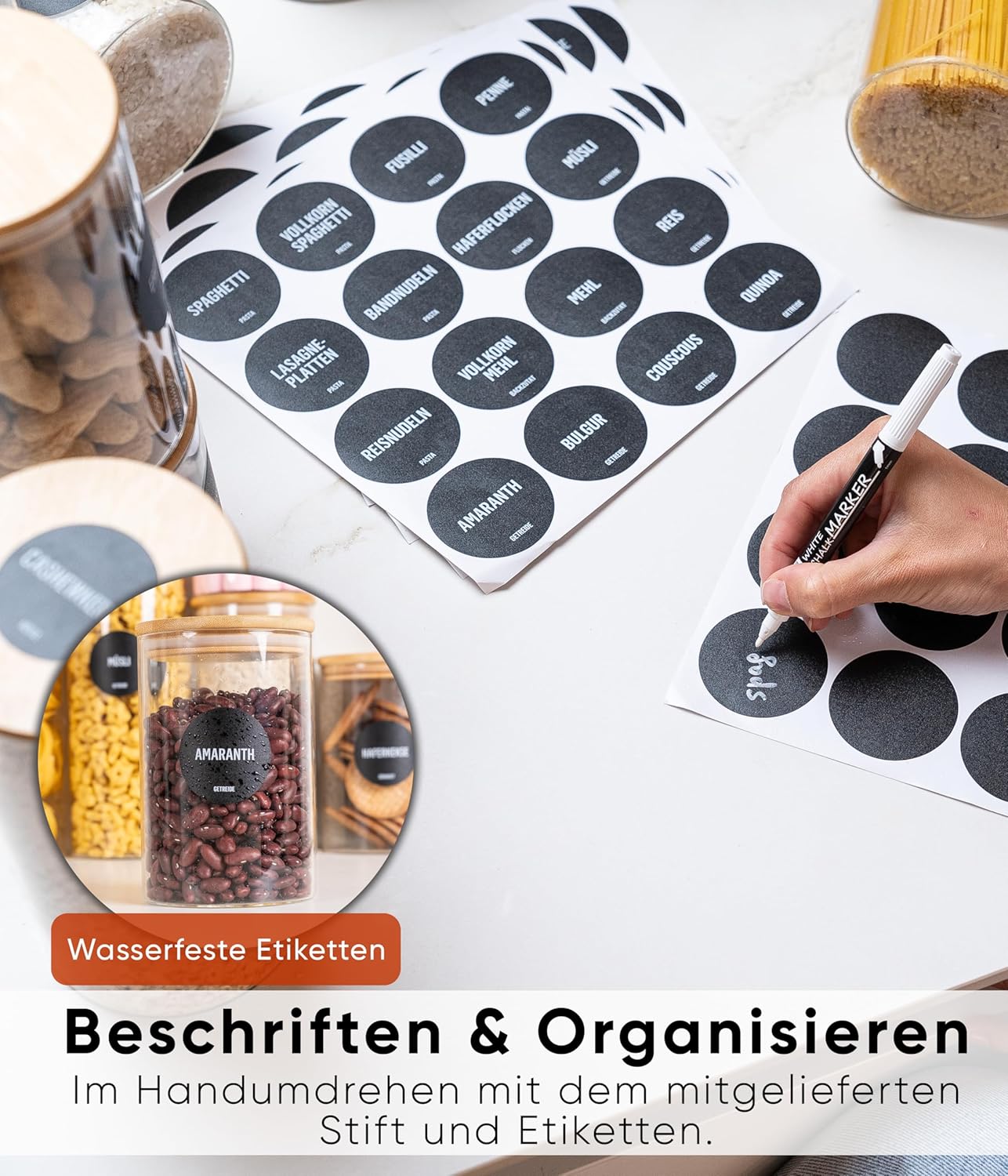 Vorratsgläser-Set mit Deckel, 6 Stk., 3 Grössen, Rund