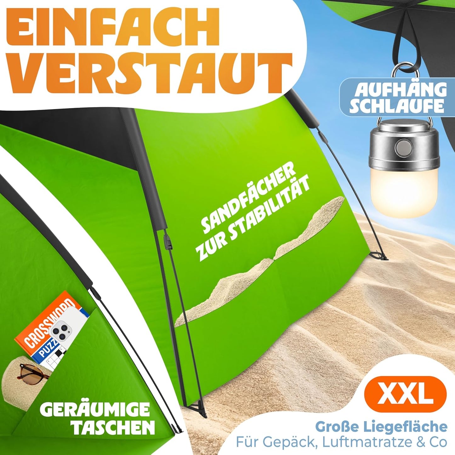 Pop Up Strandmuschel UV Schutz 80+, Grün 220 x 150 x 130 cm