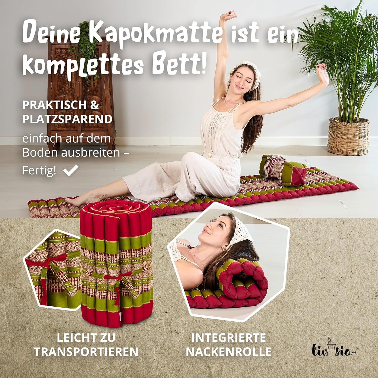 Rollmatratze Gästebett (200x110x4,5 cm), S (200 x 50 cm) Rot/Grün