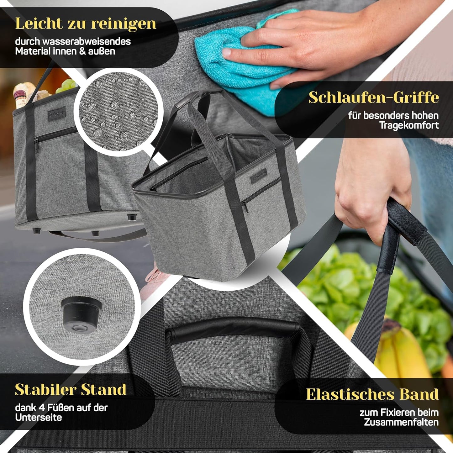 Faltbarer Einkaufskorb mit PU-Ledergriff (30L), Grau/Schwarz