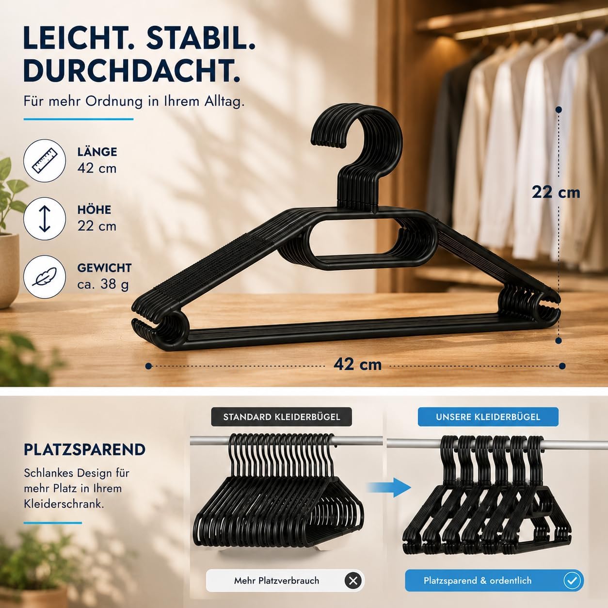 Recycelte Kleiderbügel mit drehbarem Haken (50 Stück), 50x Schwarz & Hlkauf-block