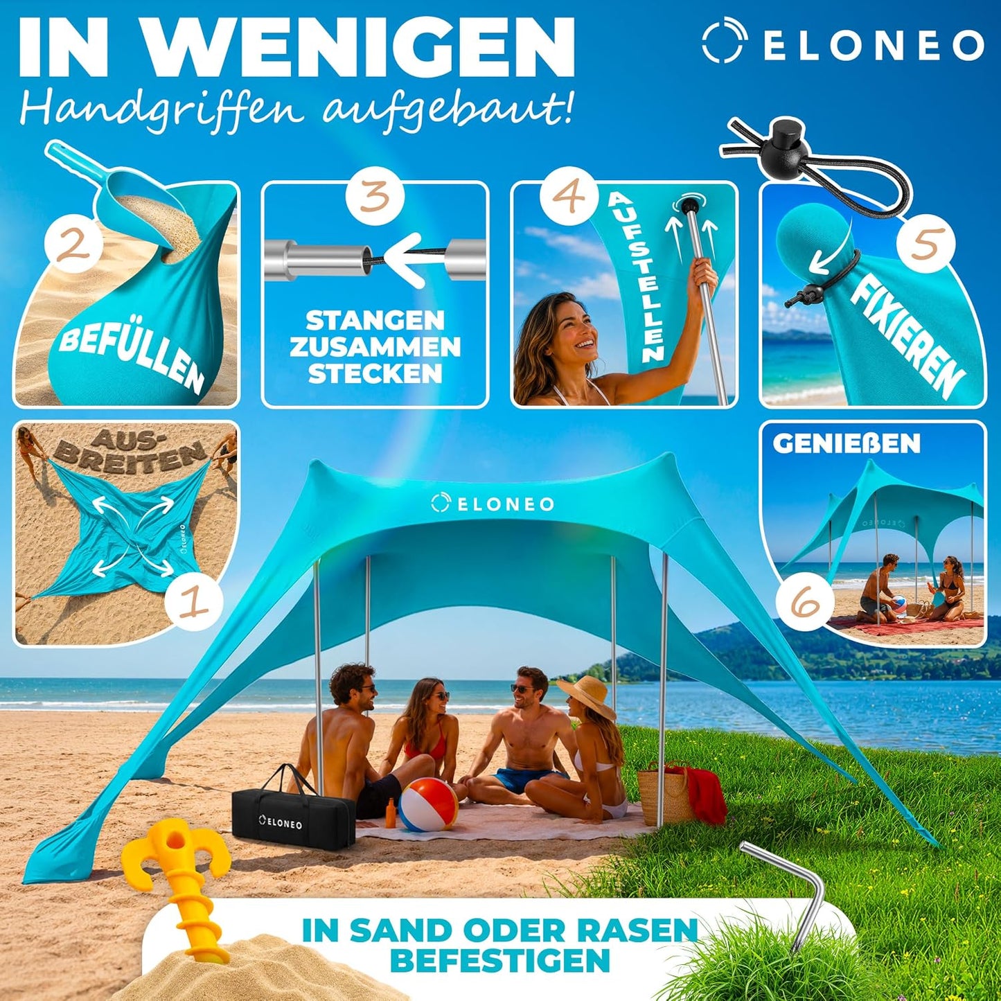 Strand-Sonnensegel mit UV-Schutz LSF 50+, Türkis 228 x 214 x 200 cm / 4 Stangen