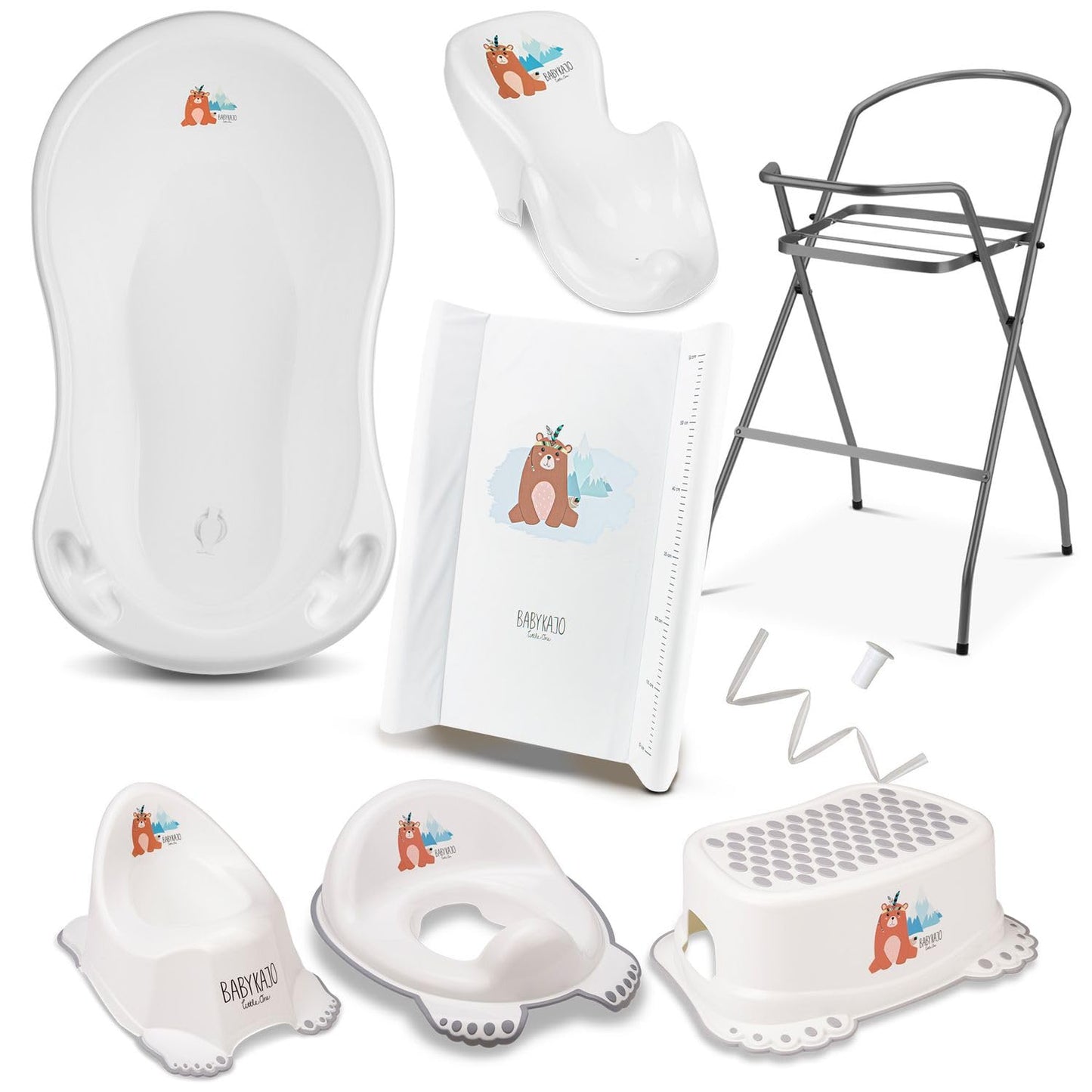 8-teiliges Babybadewanne-Komplettset mit Ständer, 8 - Set Bärchen - weiss