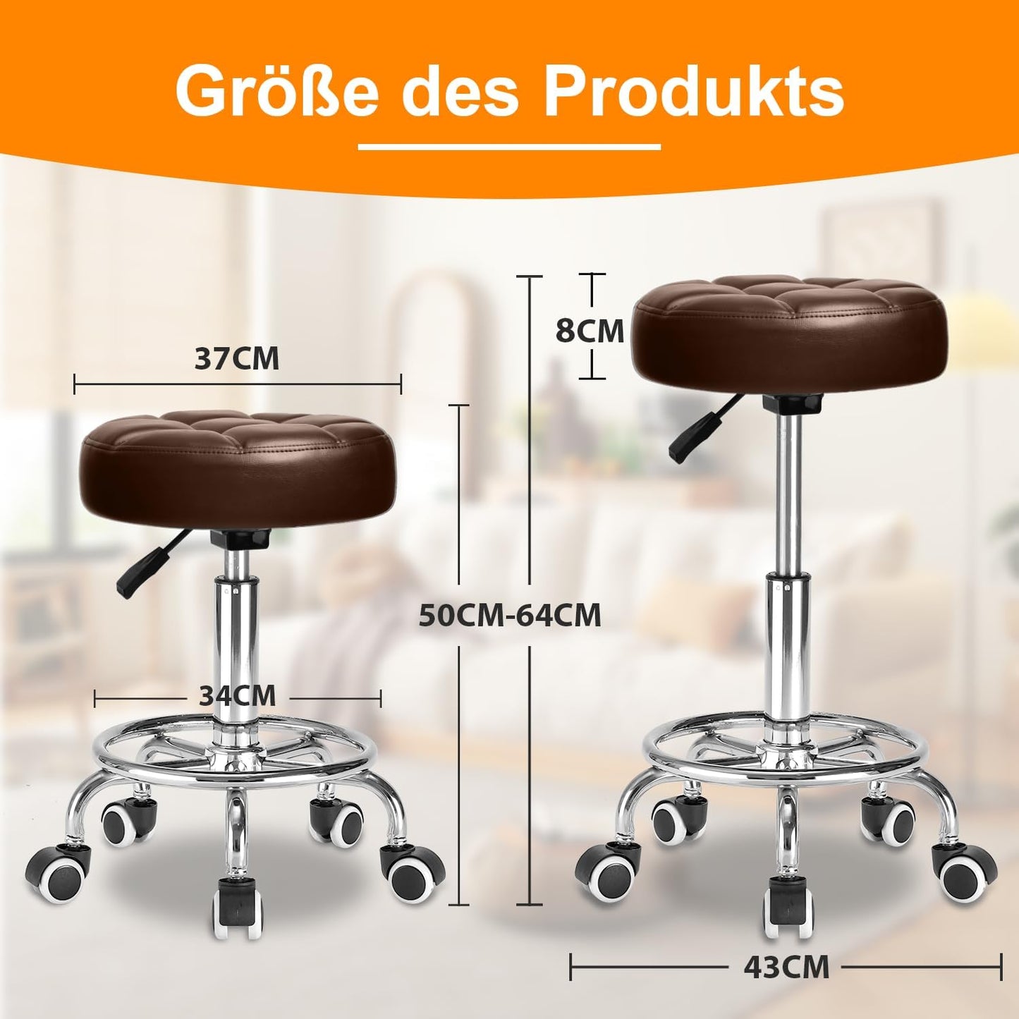 Höhenverstellbarer Rollhocker mit Rollen und Fussstütze, Braun1