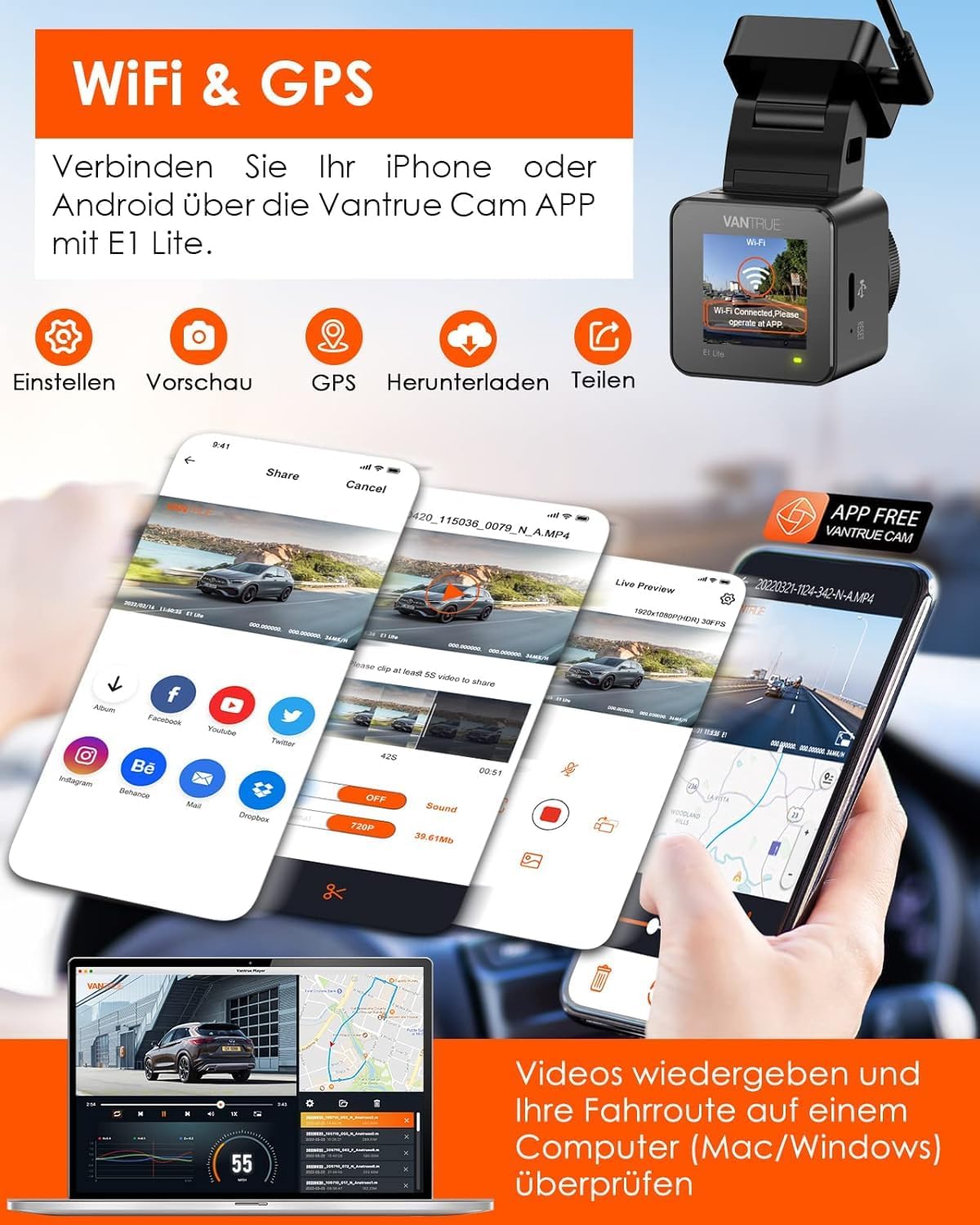 Mini Dashcam E1 lite mit Sprachsteuerung und GPS, Schwarz