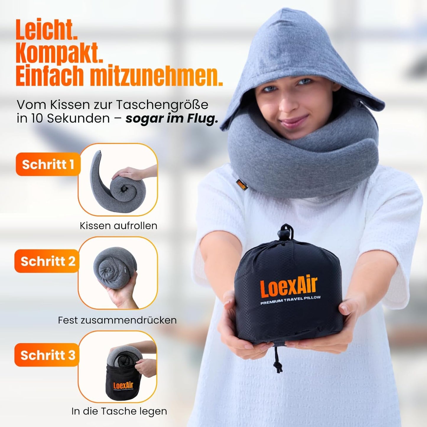 Reisekissen mit Kapuze aus Memory-Schaum, Hellgrau Hooded Pro