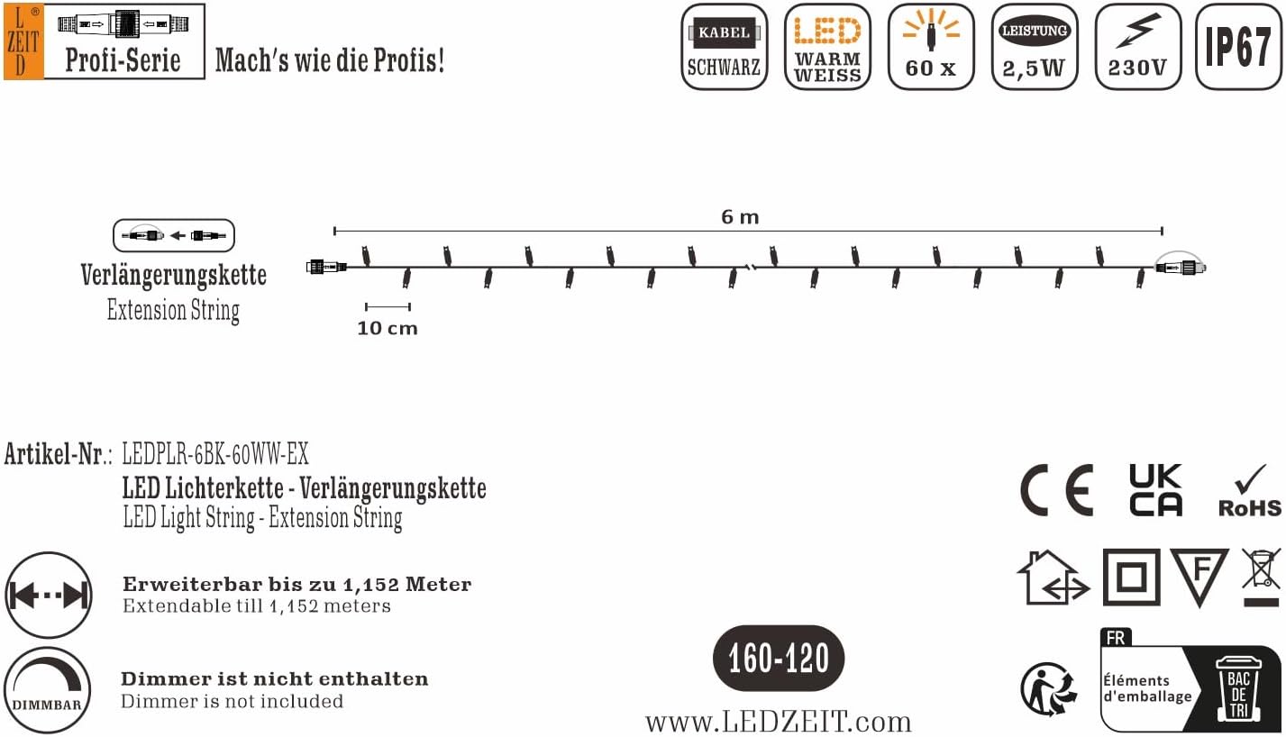 Profi LED Verlängerungskette, 6m, Warmweiss, IP67, Dauerlicht - Schwarzes Kabel 6m Verlängerungskette - Warmweiß