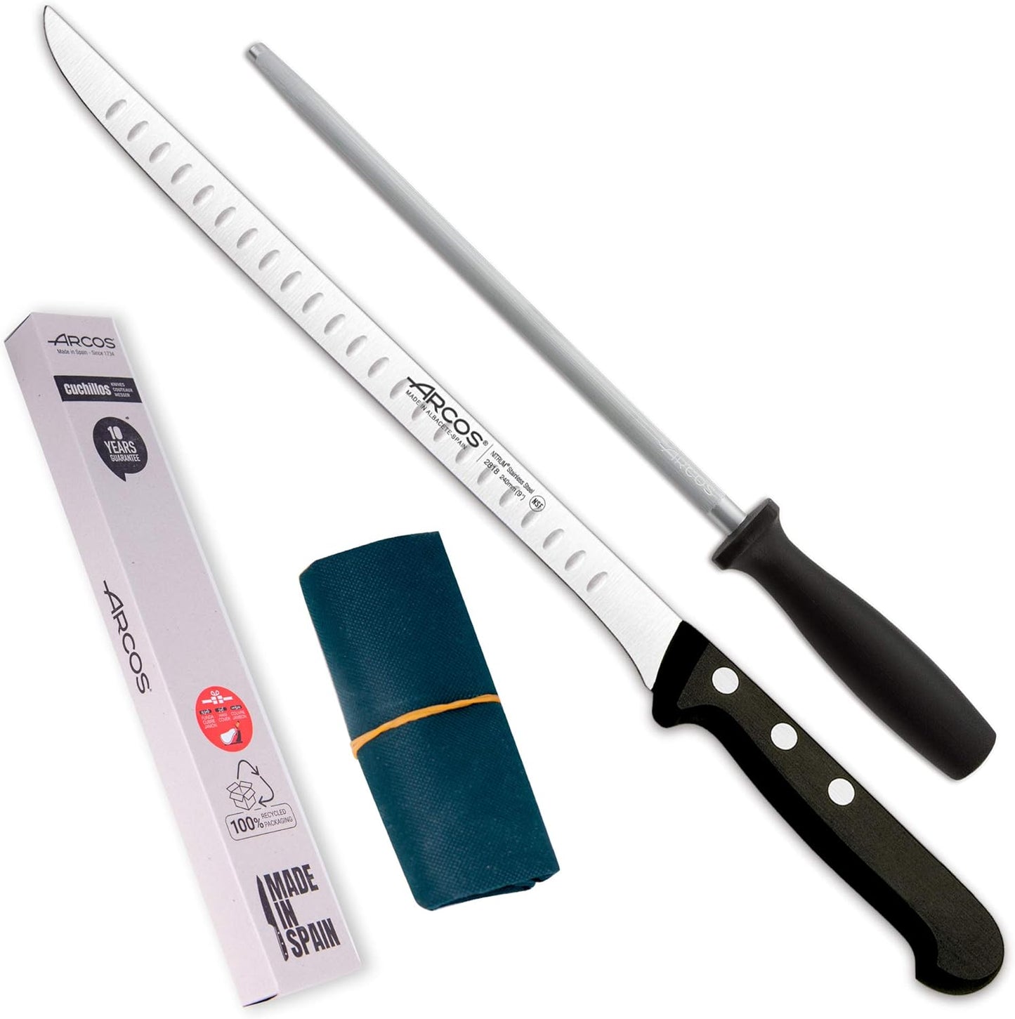 3-teiliges Schinkenmesser-Set inkl. Wetzstahl, Schinkenhalter + Schärfer