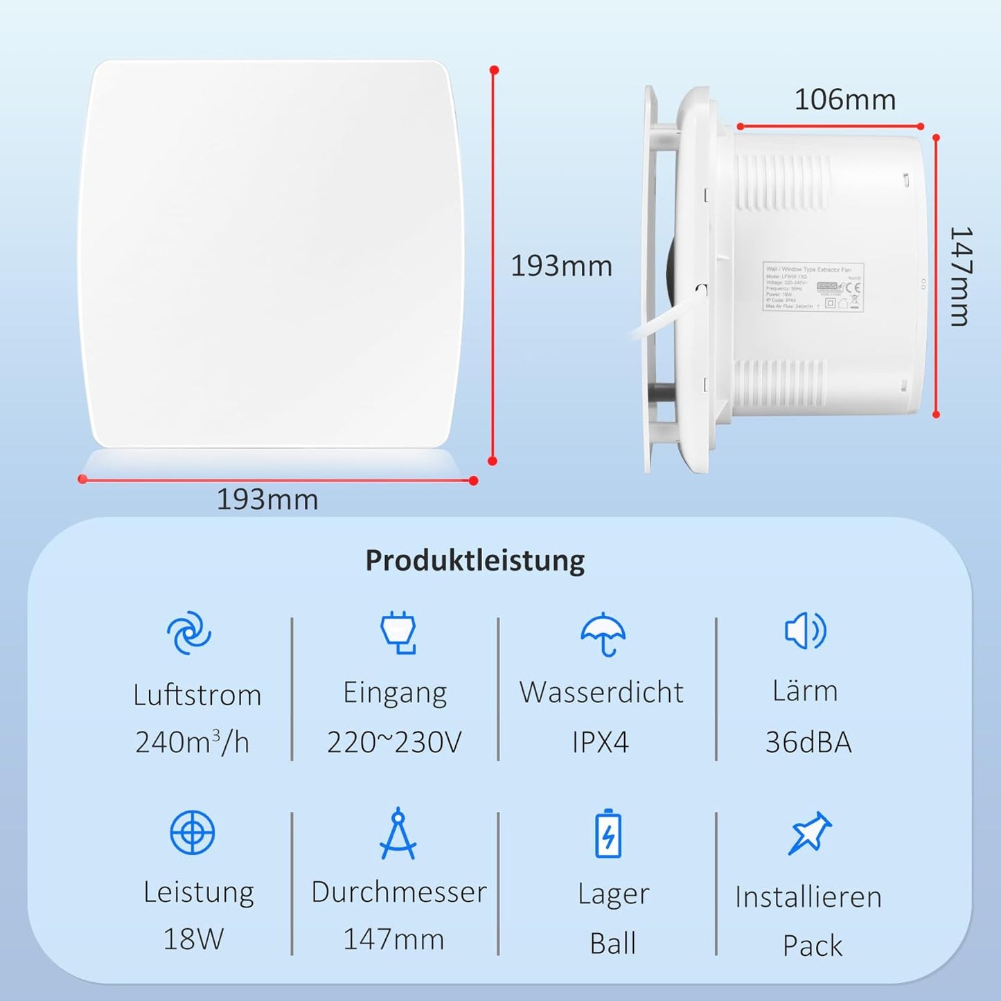 Abluftventilator, 150mm 240m³/H Weiße Glatt