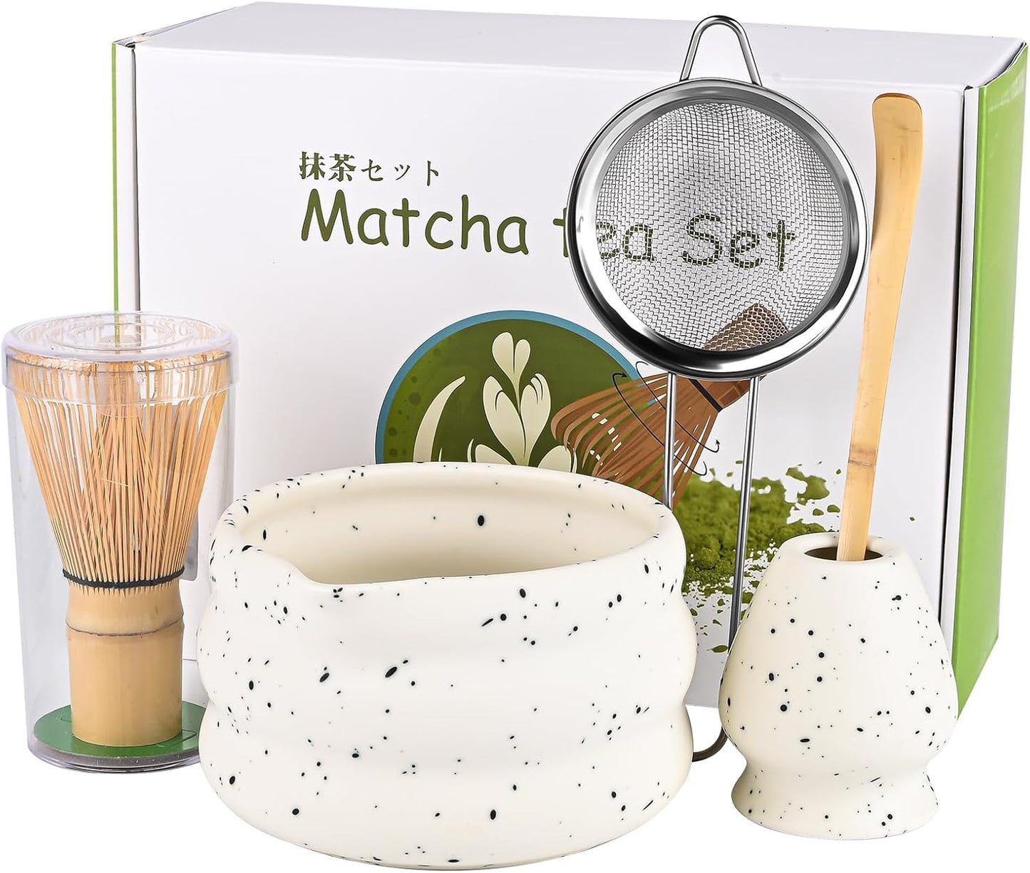 5-teiliges Matcha Tee Set mit Schale und Bambusbesen